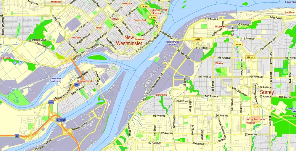Printable Map Vancouver Metro Area, Canada, exact vector Map street G-View City Plan Level 13 (2000 meters scale) full editable, Adobe Illustrator