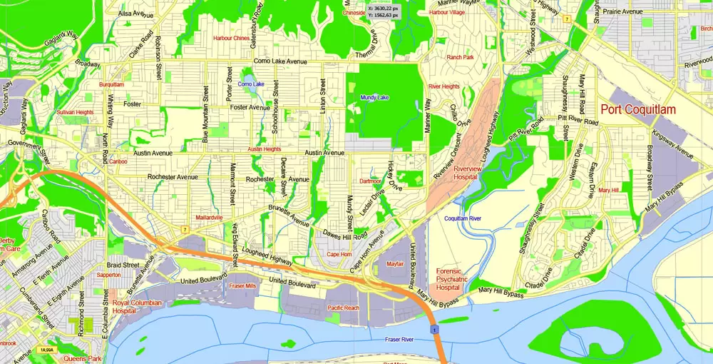Printable Map Vancouver Metro Area, Canada, exact vector Map street G-View City Plan Level 13 (2000 meters scale) full editable, Adobe Illustrator