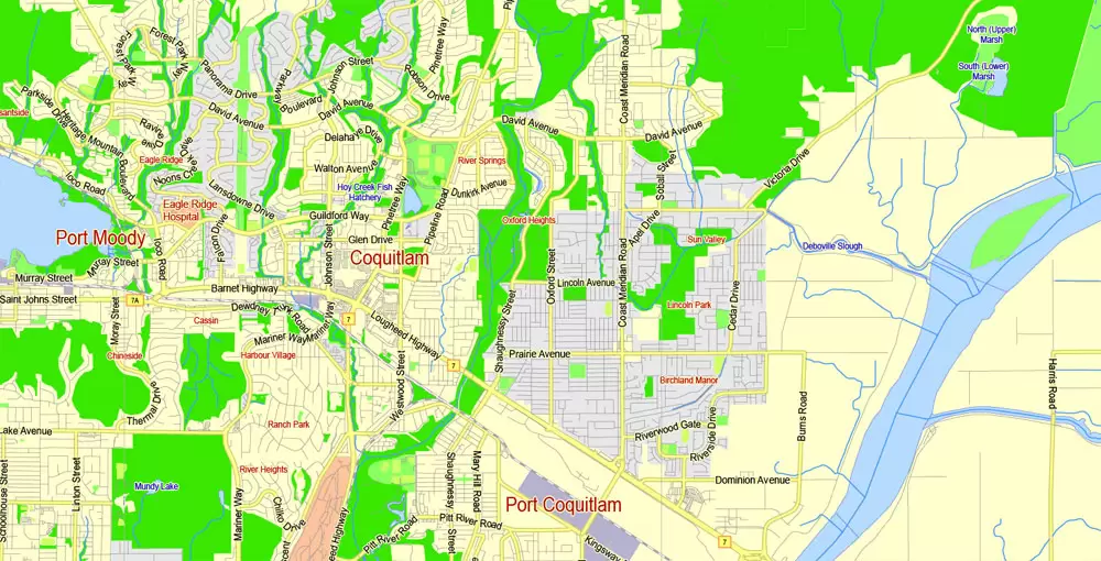 Printable Map Vancouver Metro Area, Canada, exact vector Map street G-View City Plan Level 13 (2000 meters scale) full editable, Adobe Illustrator