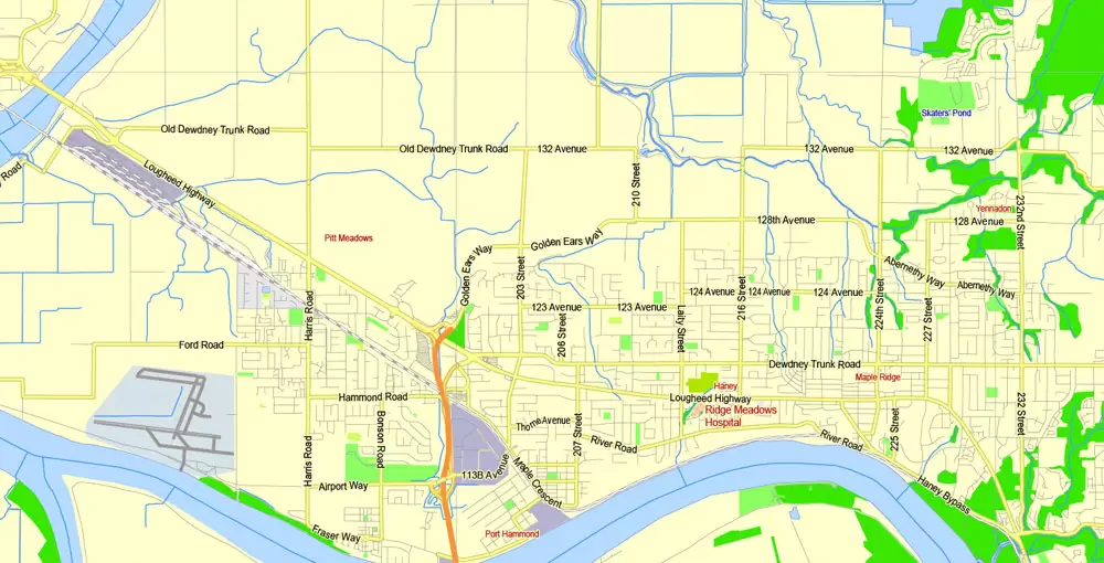 Printable Map Vancouver Metro Area, Canada, exact vector Map street G-View City Plan Level 13 (2000 meters scale) full editable, Adobe Illustrator