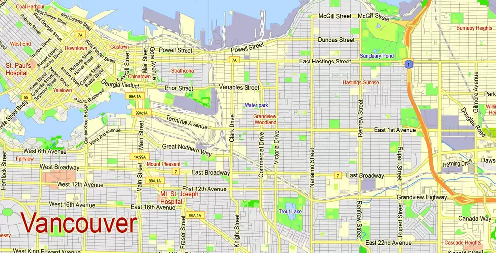 Printable Map Vancouver Metro Area, Canada, exact vector Map street G-View City Plan Level 13 (2000 meters scale) full editable, Adobe Illustrator