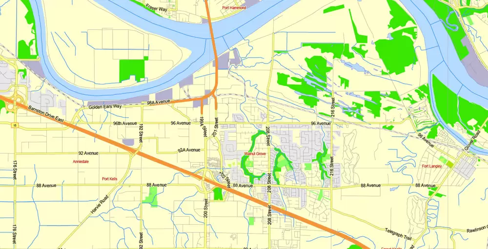 Printable Map Vancouver Metro Area, Canada, exact vector Map street G-View City Plan Level 13 (2000 meters scale) full editable, Adobe Illustrator