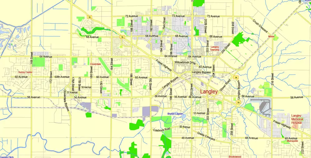 Printable Map Vancouver Metro Area, Canada, exact vector Map street G-View City Plan Level 13 (2000 meters scale) full editable, Adobe Illustrator