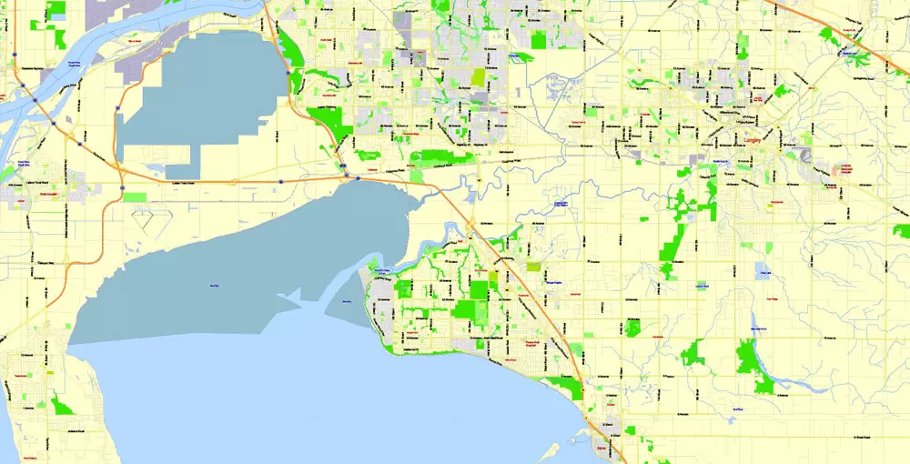Printable Map Vancouver Metro Area, Canada, exact vector Map street G-View City Plan Level 13 (2000 meters scale) full editable, Adobe Illustrator