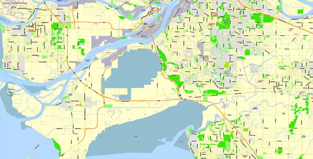 Printable Map Vancouver Metro Area, Canada, exact vector Map street G-View City Plan Level 13 (2000 meters scale) full editable, Adobe Illustrator