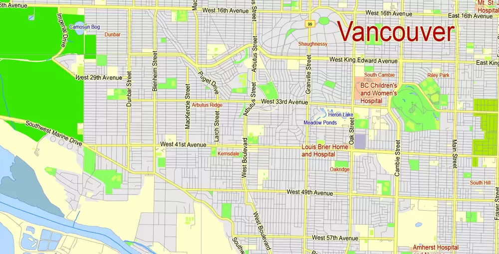 Printable Map Vancouver Metro Area, Canada, exact vector Map street G-View City Plan Level 13 (2000 meters scale) full editable, Adobe Illustrator