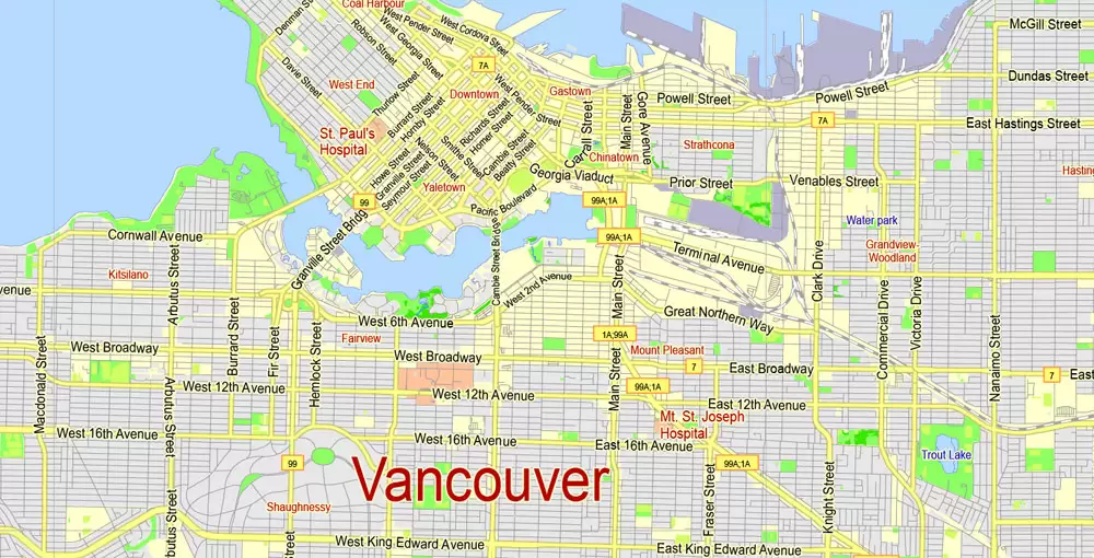 Printable Map Vancouver Metro Area, Canada, exact vector Map street G-View City Plan Level 13 (2000 meters scale) full editable, Adobe Illustrator