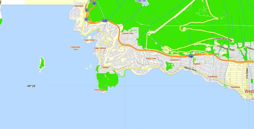 Printable Map Vancouver Metro Area, Canada, exact vector Map street G-View City Plan Level 13 (2000 meters scale) full editable, Adobe Illustrator