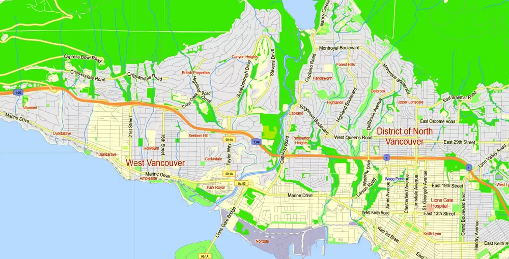Printable Map Vancouver Metro Area, Canada, exact vector Map street G-View City Plan Level 13 (2000 meters scale) full editable, Adobe Illustrator