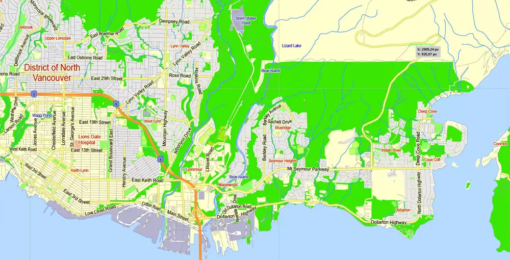 Printable Map Vancouver Metro Area, Canada, exact vector Map street G-View City Plan Level 13 (2000 meters scale) full editable, Adobe Illustrator