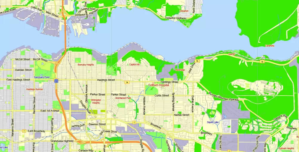 Printable Map Vancouver Metro Area, Canada, exact vector Map street G-View City Plan Level 13 (2000 meters scale) full editable, Adobe Illustrator