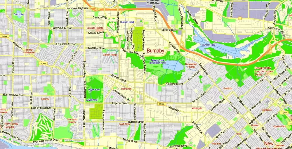 Printable Map Vancouver Metro Area, Canada, exact vector Map street G-View City Plan Level 13 (2000 meters scale) full editable, Adobe Illustrator