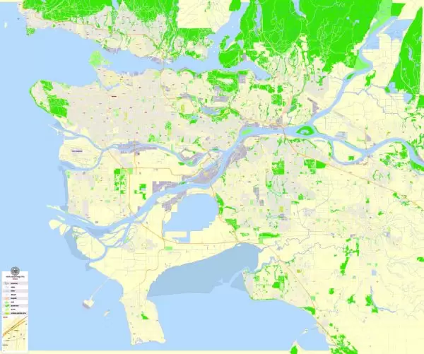 Printable Map Vancouver Metro Area, Canada, exact vector Map street G-View City Plan Level 17 (100 meters scale) full editable, Adobe Illustrator