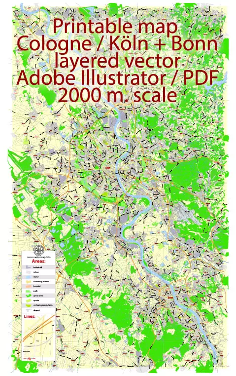 Printable Vector Map Cologne Köln + Bonn, Germany, G-View level 13 (2000 m scale) street City Plan map, full editable, Adobe Illustrator