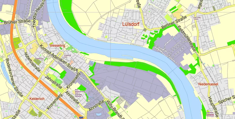 Printable Vector Map Cologne Köln + Bonn, Germany, G-View level 13 (2000 m scale) street City Plan map, full editable, Adobe Illustrator