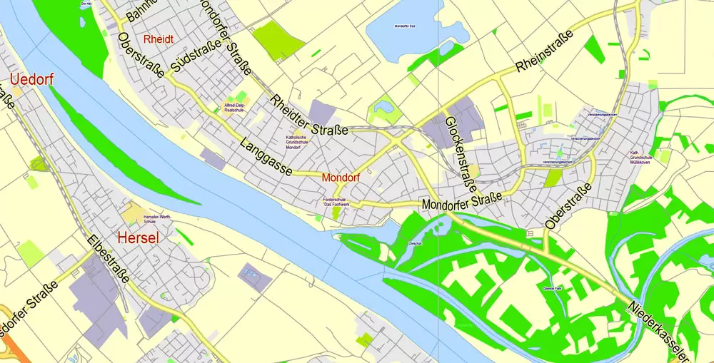 Printable Vector Map Cologne Köln + Bonn, Germany, G-View level 13 (2000 m scale) street City Plan map, full editable, Adobe Illustrator