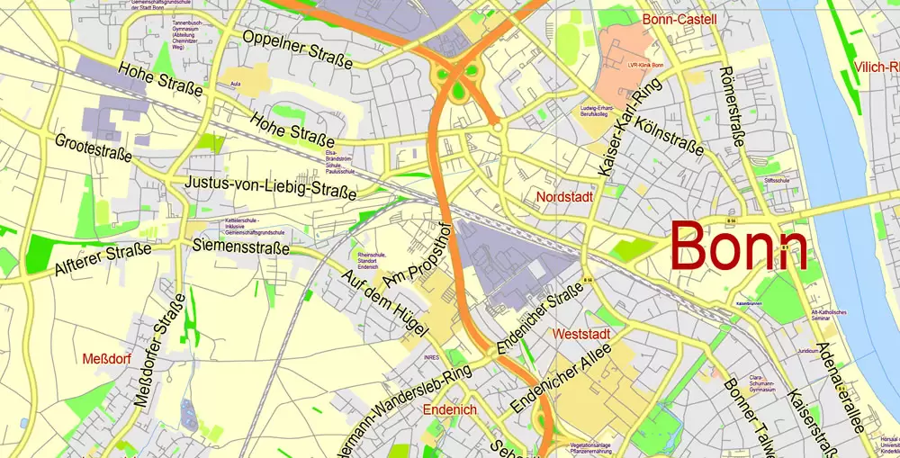 Printable Vector Map Cologne Köln + Bonn, Germany, G-View level 13 (2000 m scale) street City Plan map, full editable, Adobe Illustrator