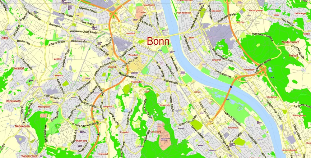 Printable Vector Map Cologne Köln + Bonn, Germany, G-View level 13 (2000 m scale) street City Plan map, full editable, Adobe Illustrator