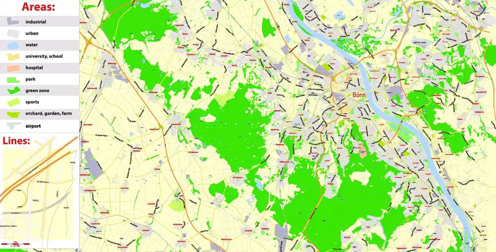 Printable Vector Map Cologne Köln + Bonn, Germany, G-View level 13 (2000 m scale) street City Plan map, full editable, Adobe Illustrator