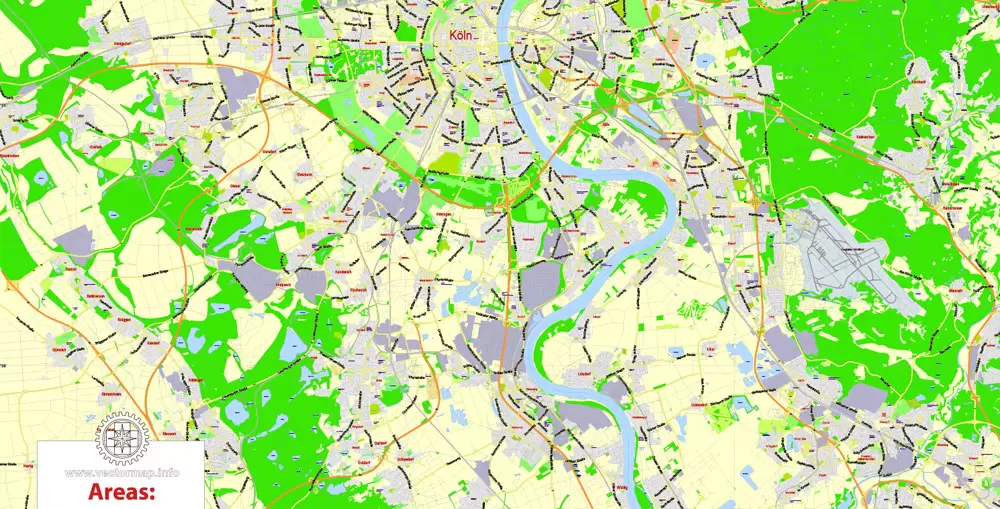 Printable Vector Map Cologne Köln + Bonn, Germany, G-View level 13 (2000 m scale) street City Plan map, full editable, Adobe Illustrator
