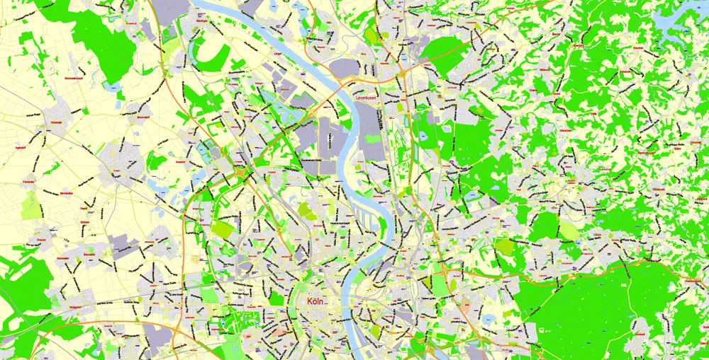 Printable Vector Map Cologne Köln + Bonn, Germany, G-View level 13 (2000 m scale) street City Plan map, full editable, Adobe Illustrator