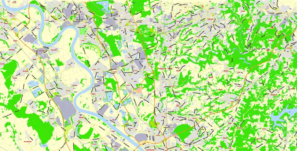 Printable Vector Map Cologne Köln + Bonn, Germany, G-View level 13 (2000 m scale) street City Plan map, full editable, Adobe Illustrator