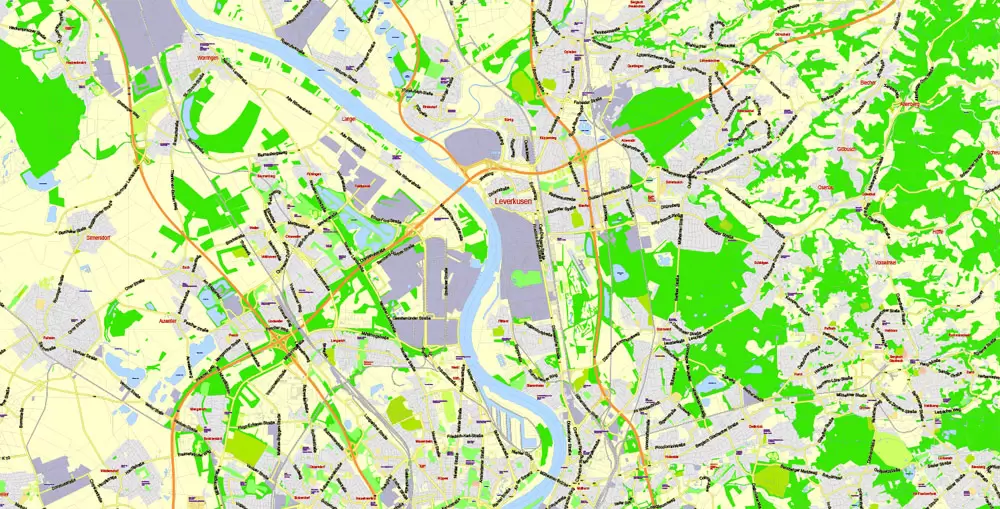 Printable Vector Map Cologne Köln + Bonn, Germany, G-View level 13 (2000 m scale) street City Plan map, full editable, Adobe Illustrator