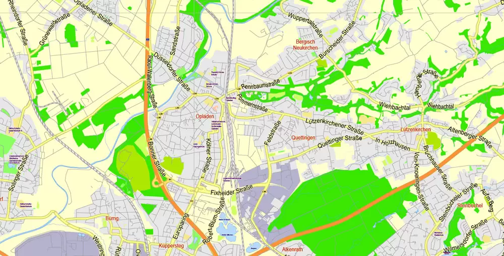 Printable Vector Map Cologne Köln + Bonn, Germany, G-View level 13 (2000 m scale) street City Plan map, full editable, Adobe Illustrator