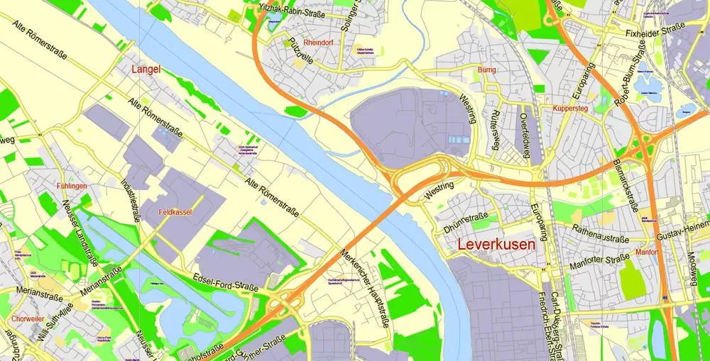 Printable Vector Map Cologne Köln + Bonn, Germany, G-View level 13 (2000 m scale) street City Plan map, full editable, Adobe Illustrator