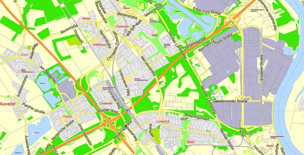 Printable Vector Map Cologne Köln + Bonn, Germany, G-View level 13 (2000 m scale) street City Plan map, full editable, Adobe Illustrator