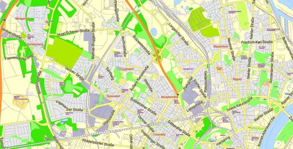 Printable Vector Map Cologne Köln + Bonn, Germany, G-View level 13 (2000 m scale) street City Plan map, full editable, Adobe Illustrator