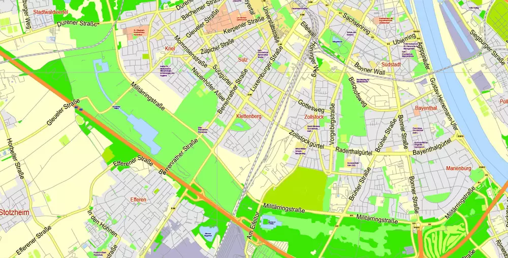Printable Vector Map Cologne Köln + Bonn, Germany, G-View level 13 (2000 m scale) street City Plan map, full editable, Adobe Illustrator