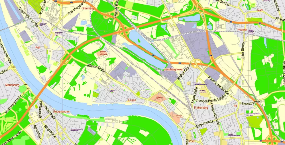 Printable Vector Map Cologne Köln + Bonn, Germany, G-View level 13 (2000 m scale) street City Plan map, full editable, Adobe Illustrator