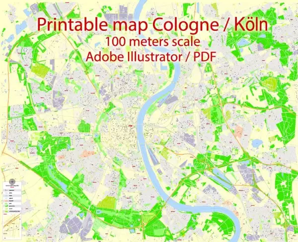 Printable Vector Map Cologne Köln, Germany, G-View level 17 (100 m scale) street City Plan map, full editable, Adobe Illustrator