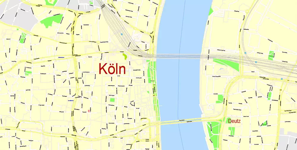 Printable Vector Map Cologne Köln, Germany, G-View level 17 (100 m scale) street City Plan map, full editable, Adobe Illustrator