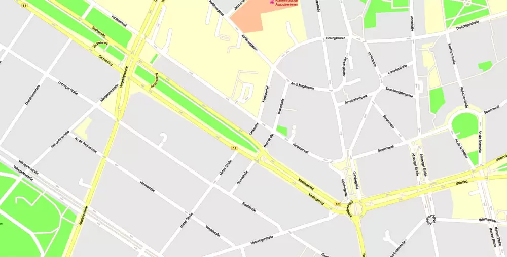 Printable Vector Map Cologne Köln, Germany, G-View level 17 (100 m scale) street City Plan map, full editable, Adobe Illustrator