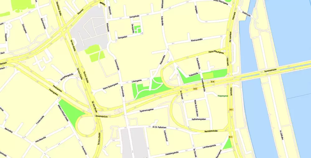 Printable Vector Map Cologne Köln, Germany, G-View level 17 (100 m scale) street City Plan map, full editable, Adobe Illustrator