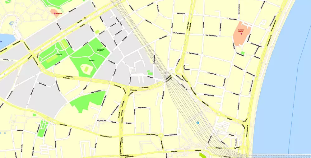 Printable Vector Map Cologne Köln, Germany, G-View level 17 (100 m scale) street City Plan map, full editable, Adobe Illustrator