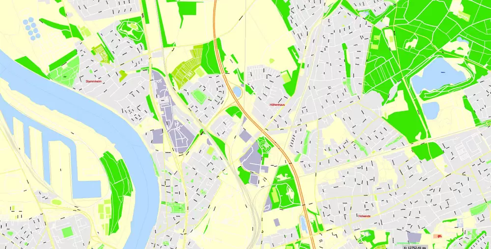 Printable Vector Map Cologne Köln, Germany, G-View level 17 (100 m scale) street City Plan map, full editable, Adobe Illustrator