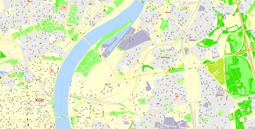 Printable Vector Map Cologne Köln, Germany, G-View level 17 (100 m scale) street City Plan map, full editable, Adobe Illustrator