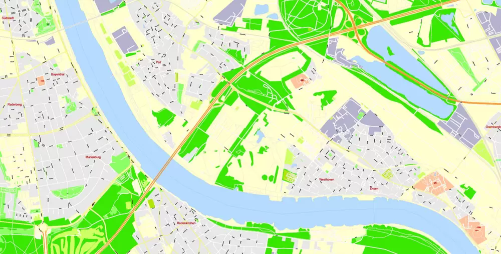 Printable Vector Map Cologne Köln, Germany, G-View level 17 (100 m scale) street City Plan map, full editable, Adobe Illustrator