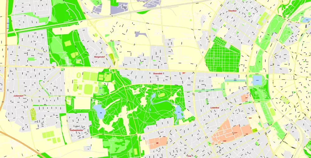 Printable Vector Map Cologne Köln, Germany, G-View level 17 (100 m scale) street City Plan map, full editable, Adobe Illustrator