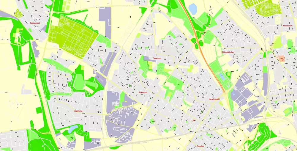 Printable Vector Map Cologne Köln, Germany, G-View level 17 (100 m scale) street City Plan map, full editable, Adobe Illustrator