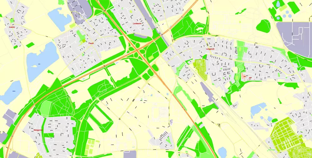Printable Vector Map Cologne Köln, Germany, G-View level 17 (100 m scale) street City Plan map, full editable, Adobe Illustrator