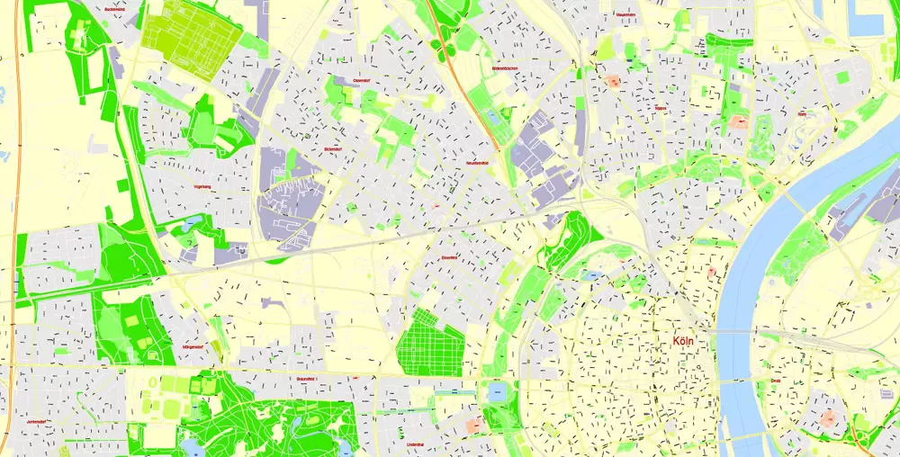 Printable Vector Map Cologne Köln, Germany, G-View level 17 (100 m scale) street City Plan map, full editable, Adobe Illustrator