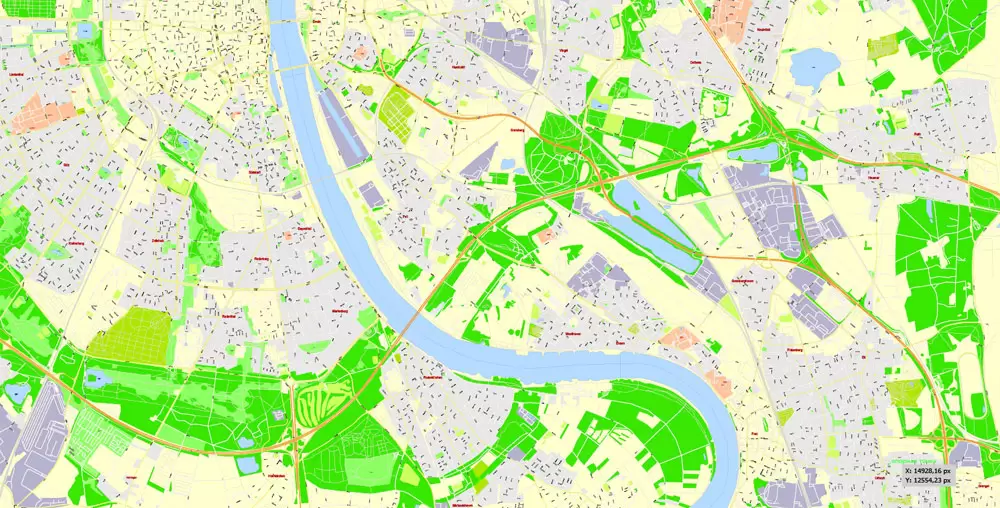 Printable Vector Map Cologne Köln, Germany, G-View level 17 (100 m scale) street City Plan map, full editable, Adobe Illustrator