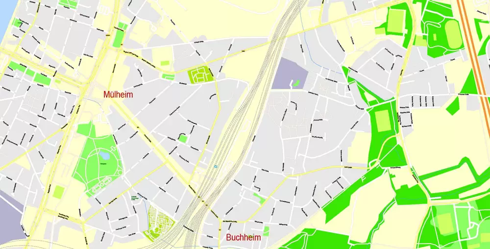 Printable Vector Map Cologne Köln, Germany, G-View level 17 (100 m scale) street City Plan map, full editable, Adobe Illustrator