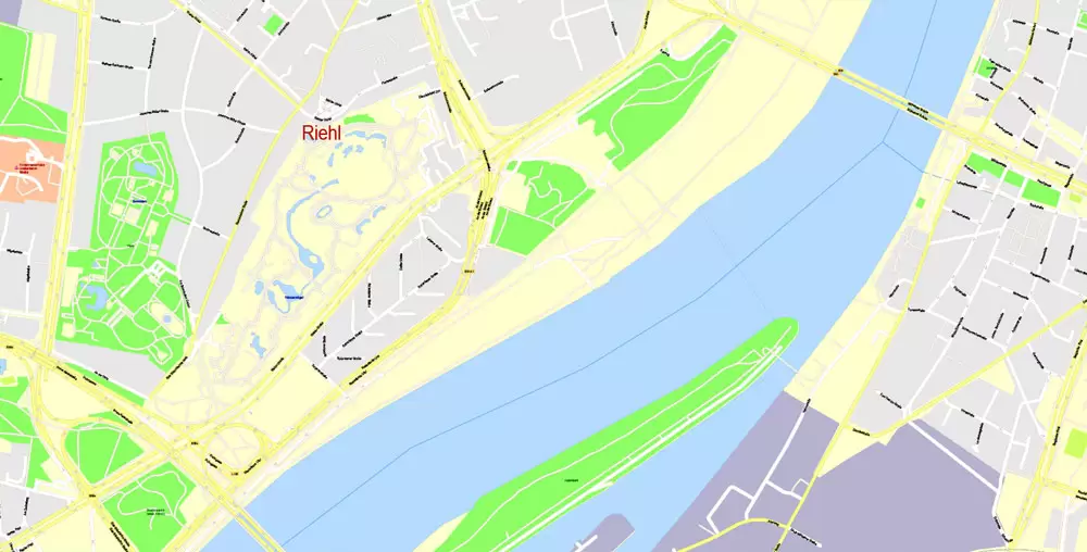 Printable Vector Map Cologne Köln, Germany, G-View level 17 (100 m scale) street City Plan map, full editable, Adobe Illustrator