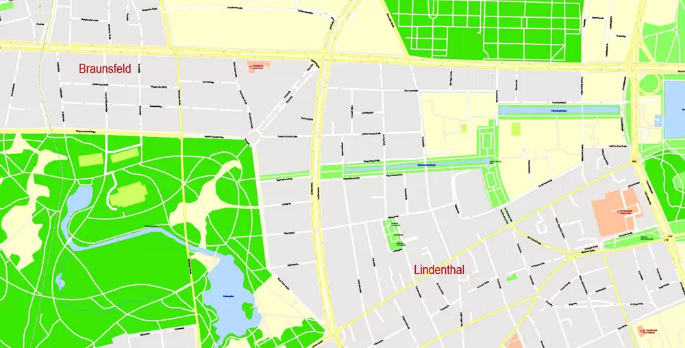 Printable Vector Map Cologne Köln, Germany, G-View level 17 (100 m scale) street City Plan map, full editable, Adobe Illustrator