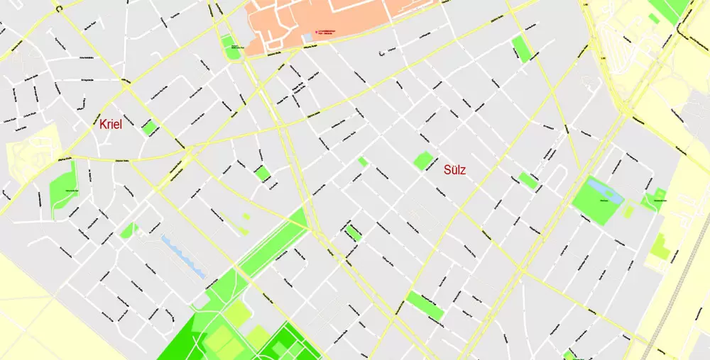 Printable Vector Map Cologne Köln, Germany, G-View level 17 (100 m scale) street City Plan map, full editable, Adobe Illustrator